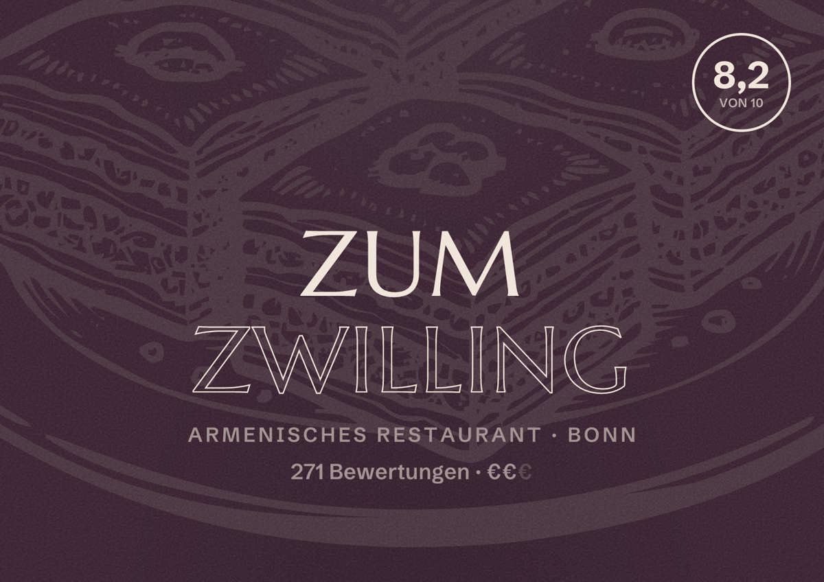 Illustriertes Poster von Zum Zwilling, Armenisches Restaurant in Bonn: Bewertung 8,2 von 10 aus 271 Bewertungen, Preisniveau €€