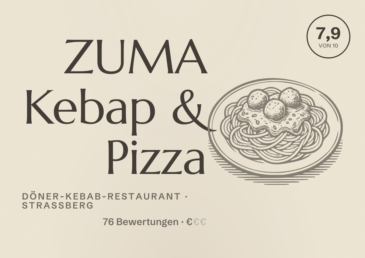 Illustriertes Poster von ZUMA Kebap & Pizza, Döner-Kebab-Restaurant in Straßberg: Bewertung 7,9 von 10 aus 76 Bewertungen, Preisniveau €