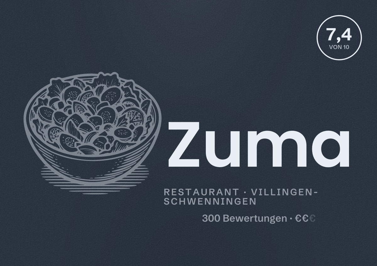 Illustriertes Poster von Zuma, Restaurant in Villingen-Schwenningen: Bewertung 7,4 von 10 aus 300 Bewertungen, Preisniveau €€