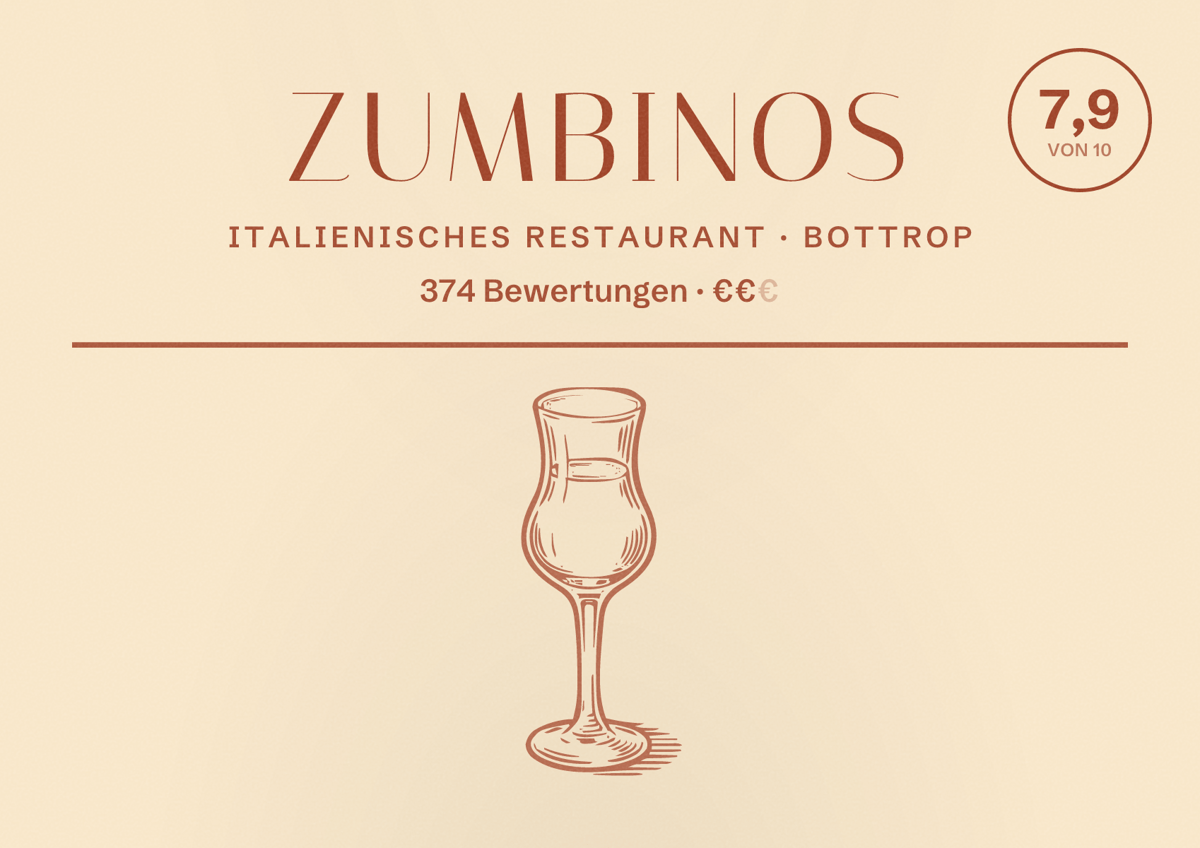 Illustriertes Poster von Zumbinos, Italienisches Restaurant in Bottrop: Bewertung 7,9 von 10 aus 374 Bewertungen, Preisniveau €€