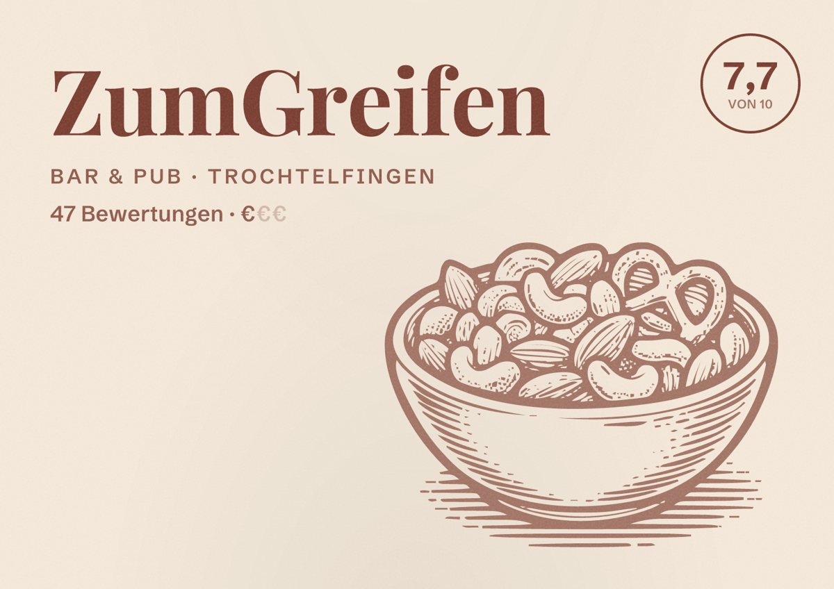 Illustriertes Poster von ZumGreifen, Bar & Pub in Trochtelfingen: Bewertung 7,7 von 10 aus 47 Bewertungen, Preisniveau €