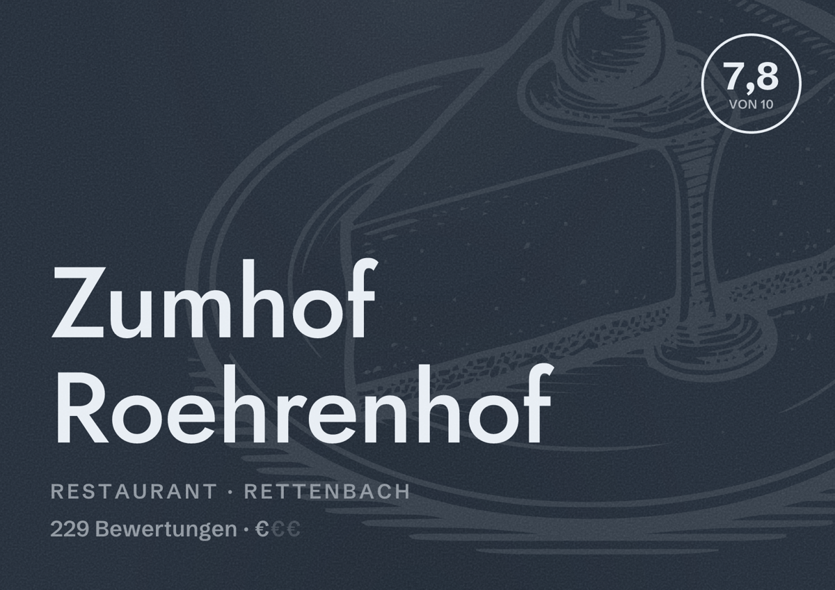 Illustriertes Poster von Zumhof Roehrenhof, Restaurant in Rettenbach: Bewertung 7,8 von 10 aus 229 Bewertungen, Preisniveau €