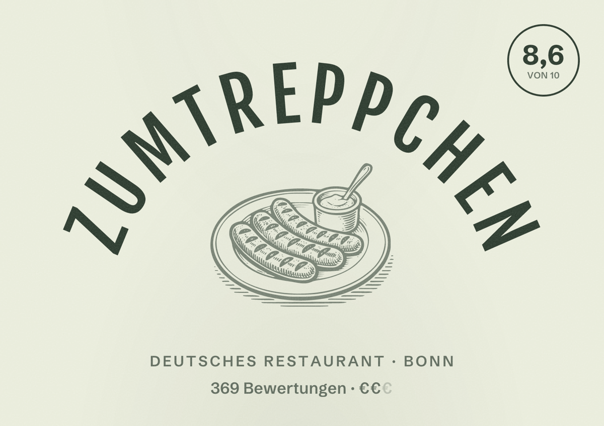 Illustriertes Poster von ZumTreppchen, Deutsches Restaurant in Bonn: Bewertung 8,6 von 10 aus 369 Bewertungen, Preisniveau €€