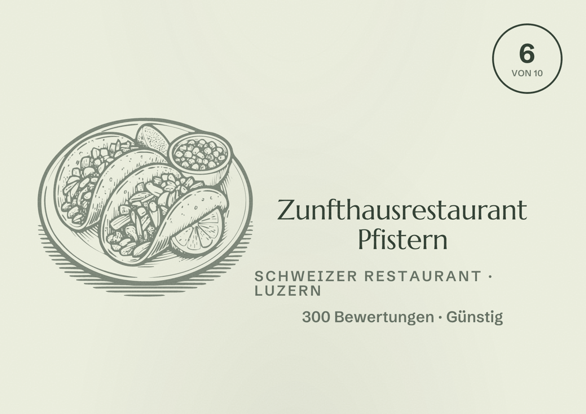 Illustriertes Poster von Zunfthausrestaurant Pfistern, Schweizer Restaurant in Luzern: Bewertung 6 von 10 aus 300 Bewertungen, Preisniveau Günstig