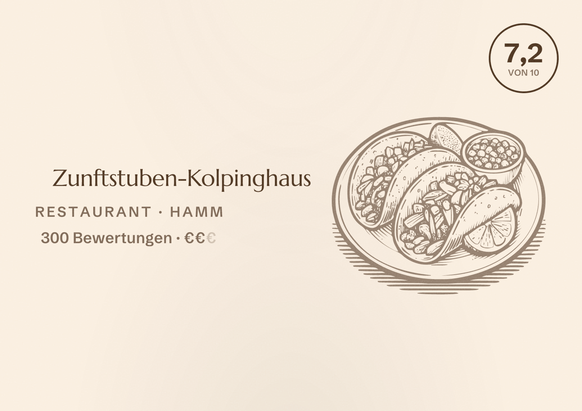 Illustriertes Poster von Zunftstuben-Kolpinghaus, Restaurant in Hamm: Bewertung 7,2 von 10 aus 300 Bewertungen, Preisniveau €€