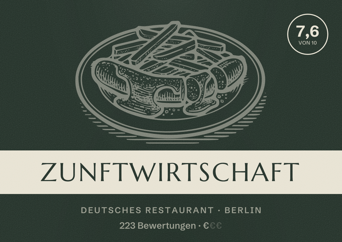 Illustriertes Poster von Zunftwirtschaft, Deutsches Restaurant in Berlin: Bewertung 7,6 von 10 aus 223 Bewertungen, Preisniveau €