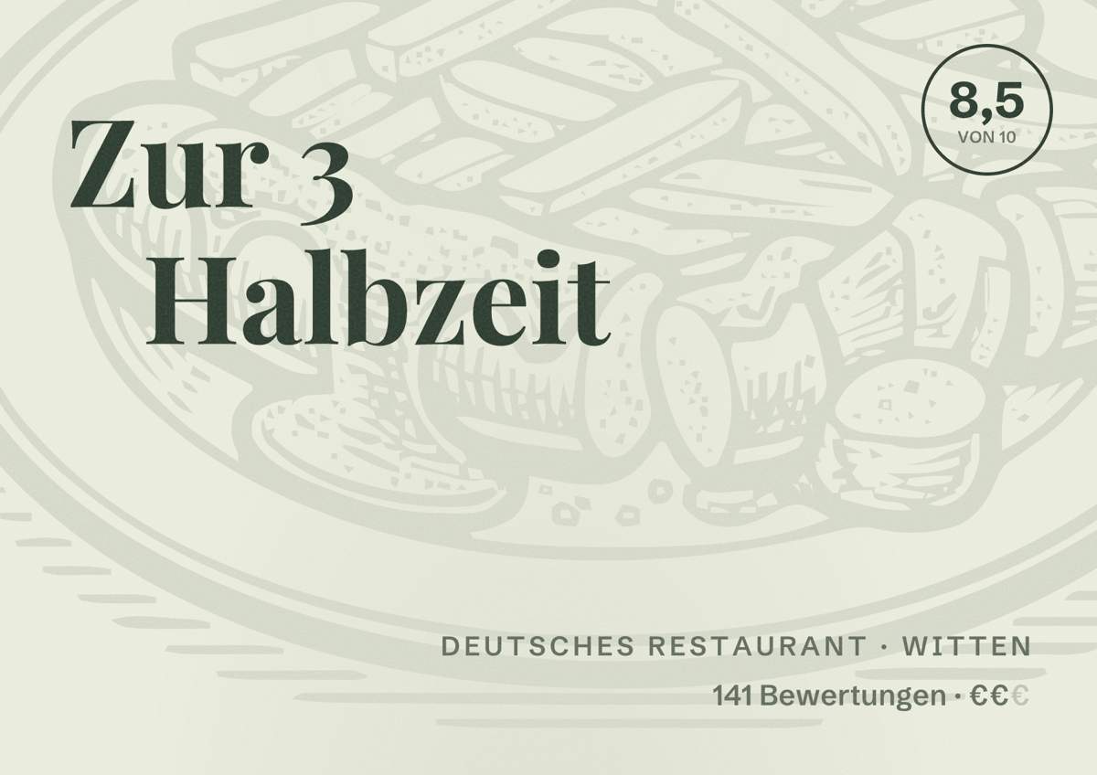 Illustriertes Poster von Zur 3 Halbzeit, Deutsches Restaurant in Witten: Bewertung 8,5 von 10 aus 141 Bewertungen, Preisniveau €€