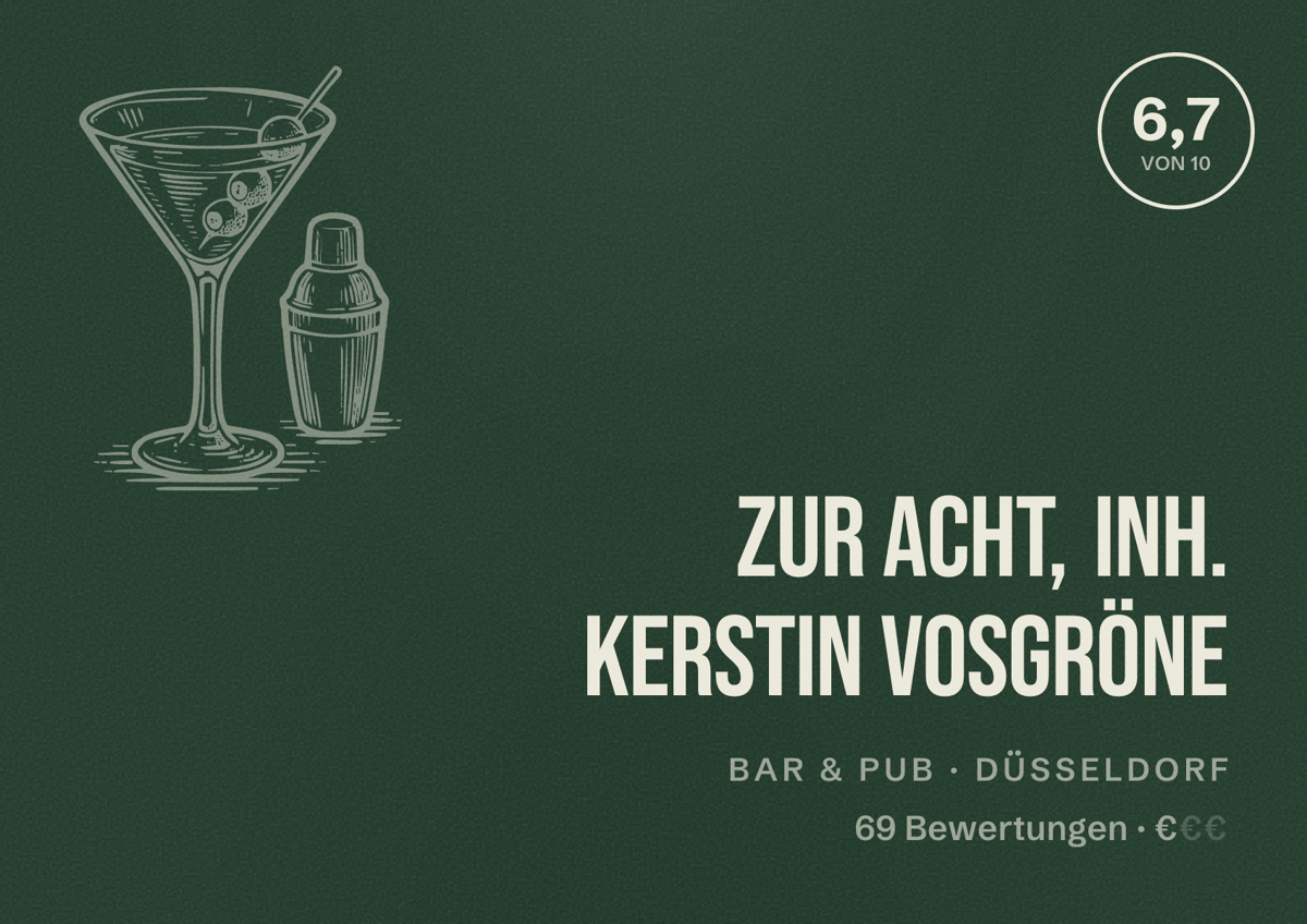 Illustriertes Poster von Zur Acht, Inh. Kerstin Vosgröne, Bar & Pub in Düsseldorf: Bewertung 6,7 von 10 aus 69 Bewertungen, Preisniveau €