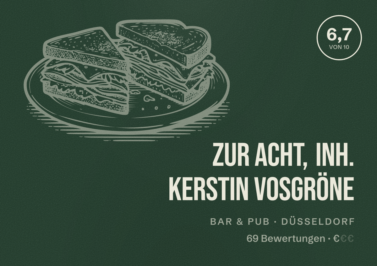Illustriertes Poster von Zur Acht, Inh. Kerstin Vosgröne, Bar & Pub in Düsseldorf: Bewertung 6,7 von 10 aus 69 Bewertungen, Preisniveau €