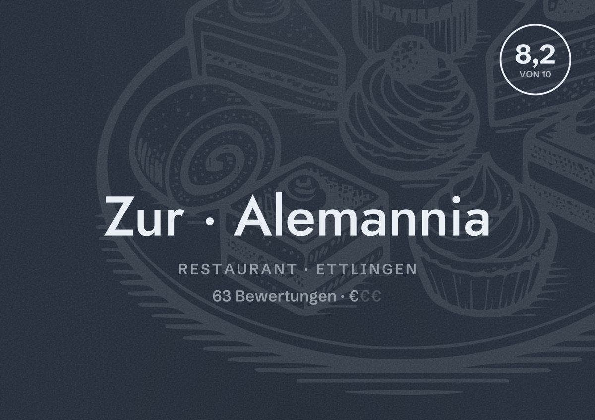 Illustriertes Poster von Zur Alemannia, Restaurant in Ettlingen: Bewertung 8,2 von 10 aus 63 Bewertungen, Preisniveau €