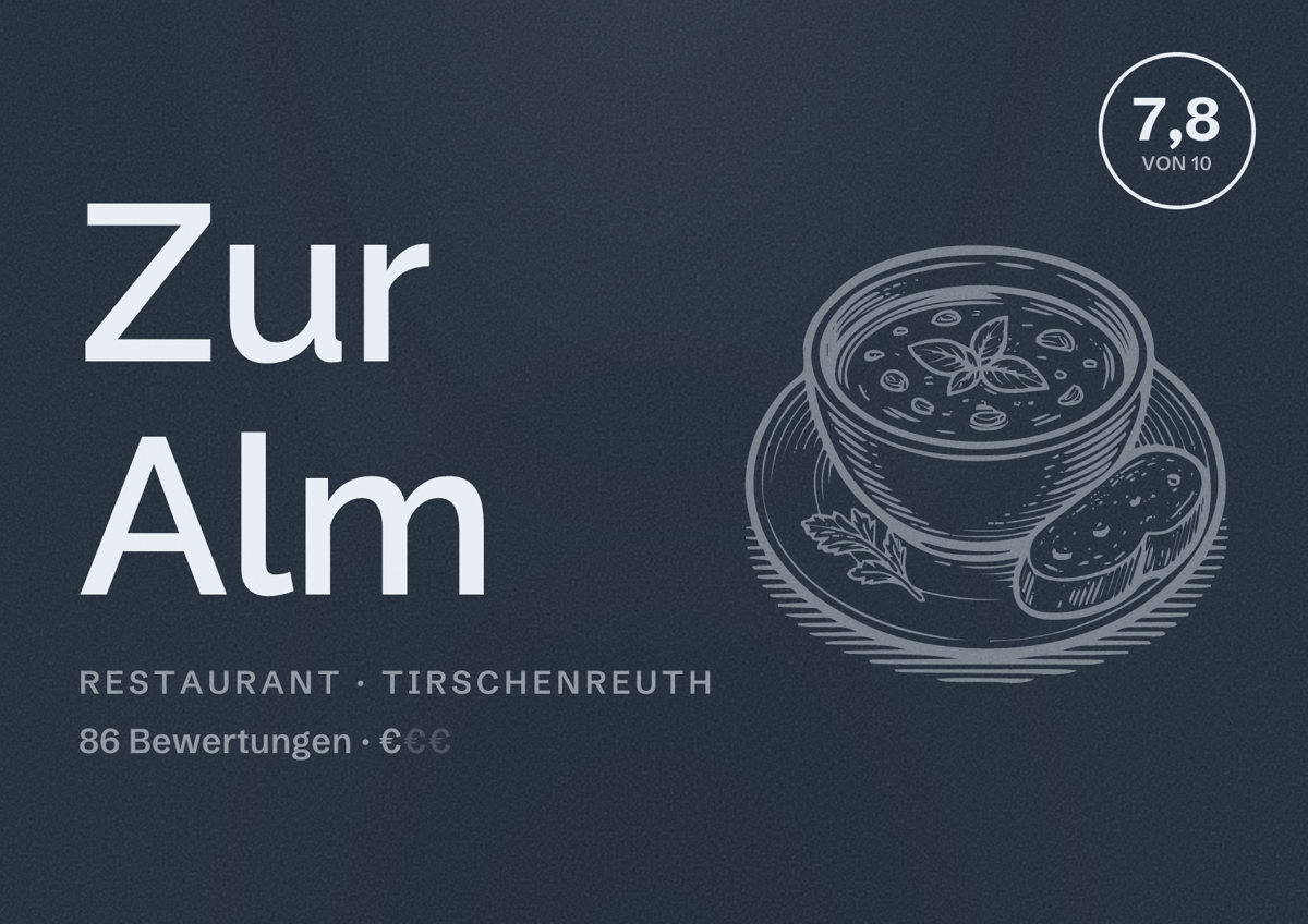 Illustriertes Poster von Zur Alm, Restaurant in Tirschenreuth: Bewertung 7,8 von 10 aus 86 Bewertungen, Preisniveau €