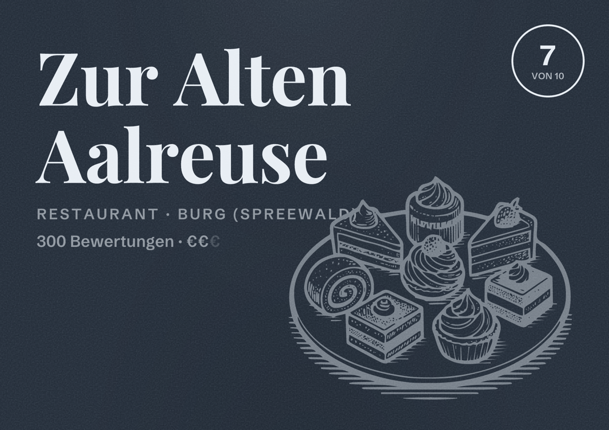 Illustriertes Poster von Zur Alten Aalreuse, Restaurant in Burg (Spreewald): Bewertung 7 von 10 aus 300 Bewertungen, Preisniveau €€