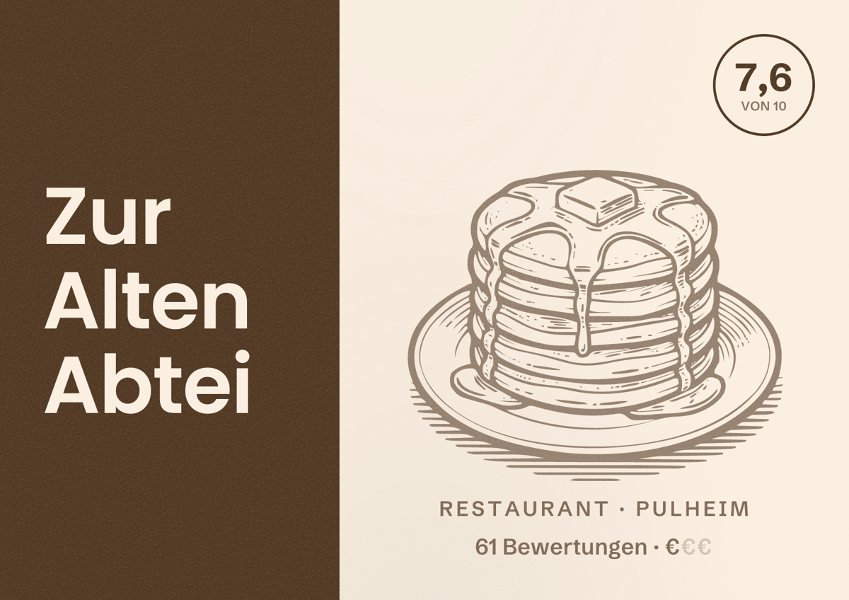 Illustriertes Poster von Zur Alten Abtei, Restaurant in Pulheim: Bewertung 7,6 von 10 aus 61 Bewertungen, Preisniveau €