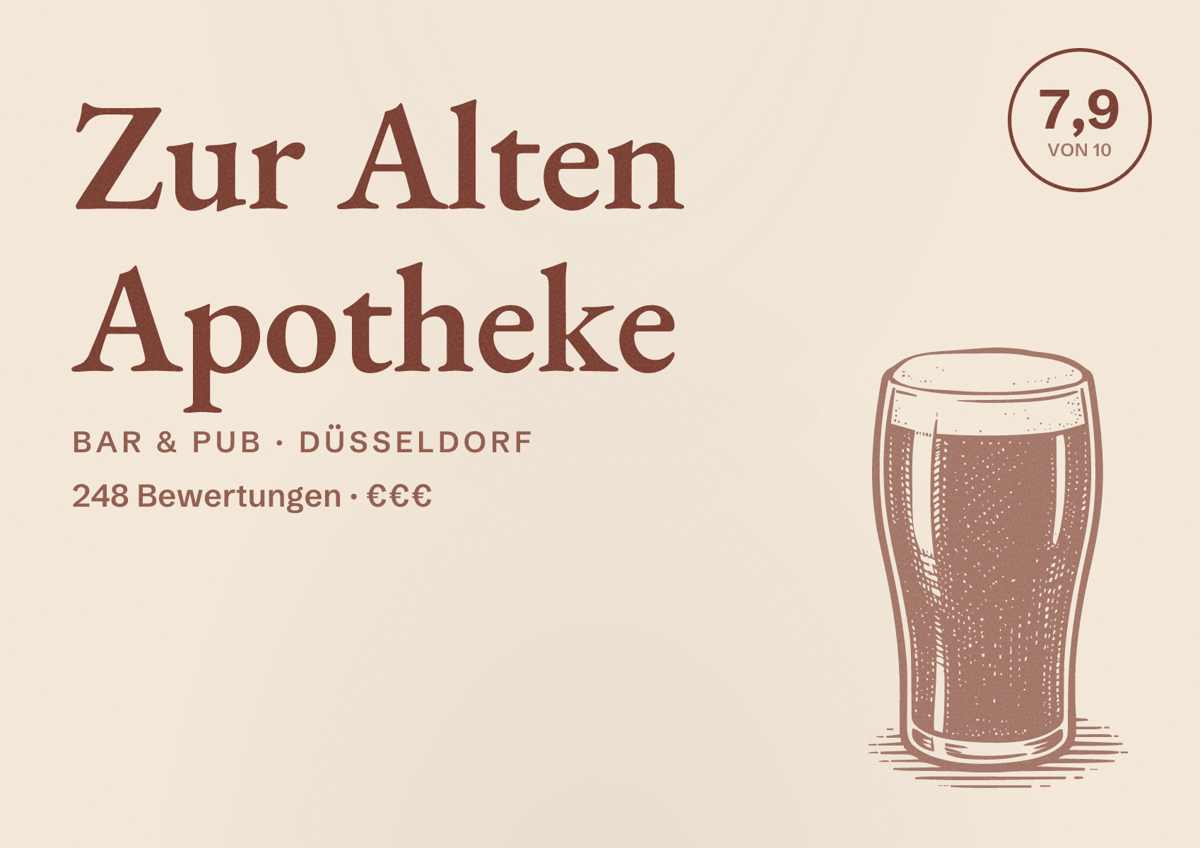 Illustriertes Poster von Zur Alten Apotheke, Bar & Pub in Düsseldorf: Bewertung 7,9 von 10 aus 248 Bewertungen, Preisniveau €€€
