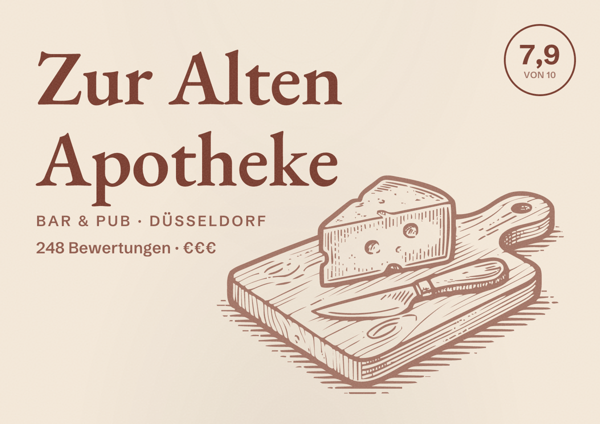 Illustriertes Poster von Zur Alten Apotheke, Bar & Pub in Düsseldorf: Bewertung 7,9 von 10 aus 248 Bewertungen, Preisniveau €€€