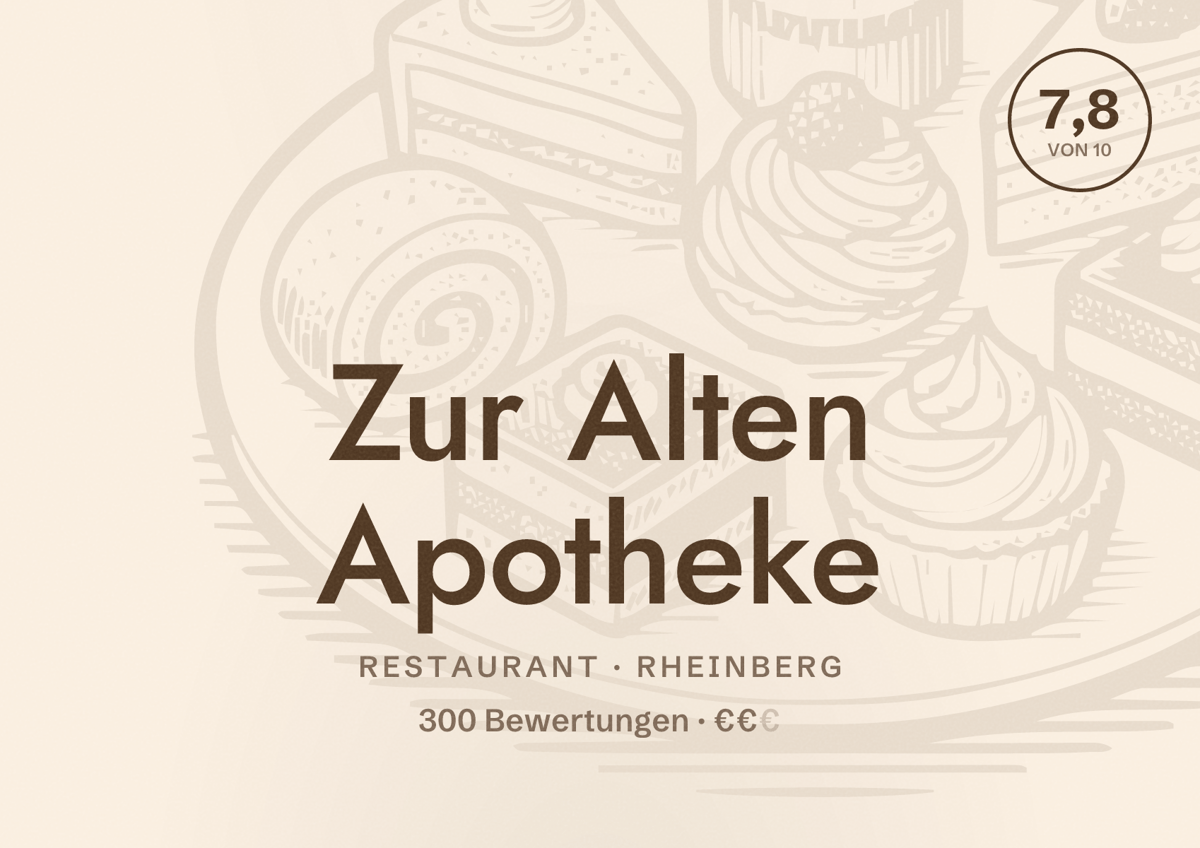 Illustriertes Poster von Zur Alten Apotheke, Restaurant in Rheinberg: Bewertung 7,8 von 10 aus 300 Bewertungen, Preisniveau €€