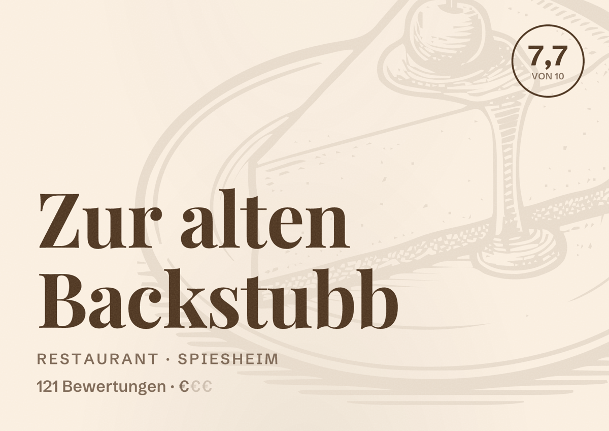 Illustriertes Poster von Zur alten Backstubb, Restaurant in Spiesheim: Bewertung 7,7 von 10 aus 121 Bewertungen, Preisniveau €