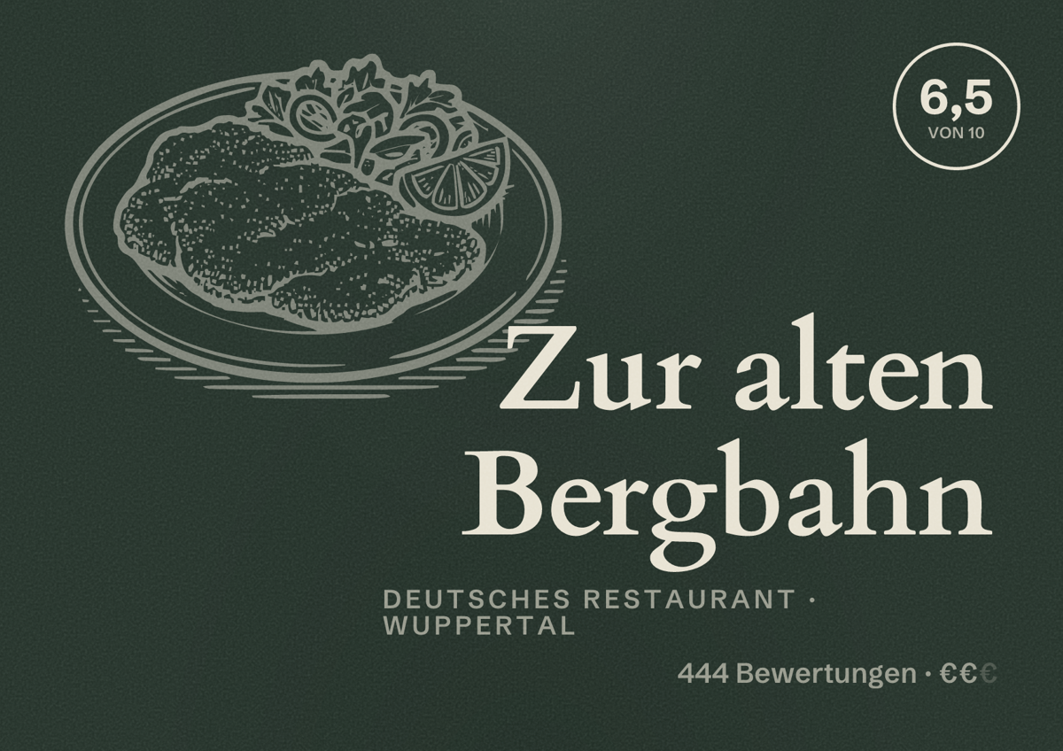 Illustriertes Poster von Zur alten Bergbahn, Deutsches Restaurant in Wuppertal: Bewertung 6,5 von 10 aus 444 Bewertungen, Preisniveau €€