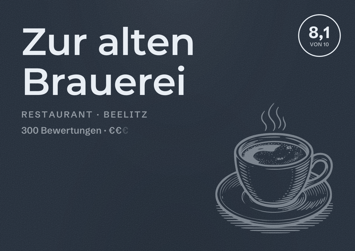 Illustriertes Poster von Zur alten Brauerei, Restaurant in Beelitz: Bewertung 8,1 von 10 aus 300 Bewertungen, Preisniveau €€