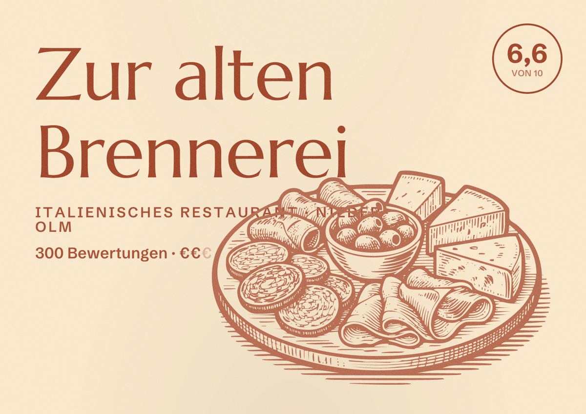 Illustriertes Poster von Zur alten Brennerei, Italienisches Restaurant in Nieder-Olm: Bewertung 6,6 von 10 aus 300 Bewertungen, Preisniveau €€