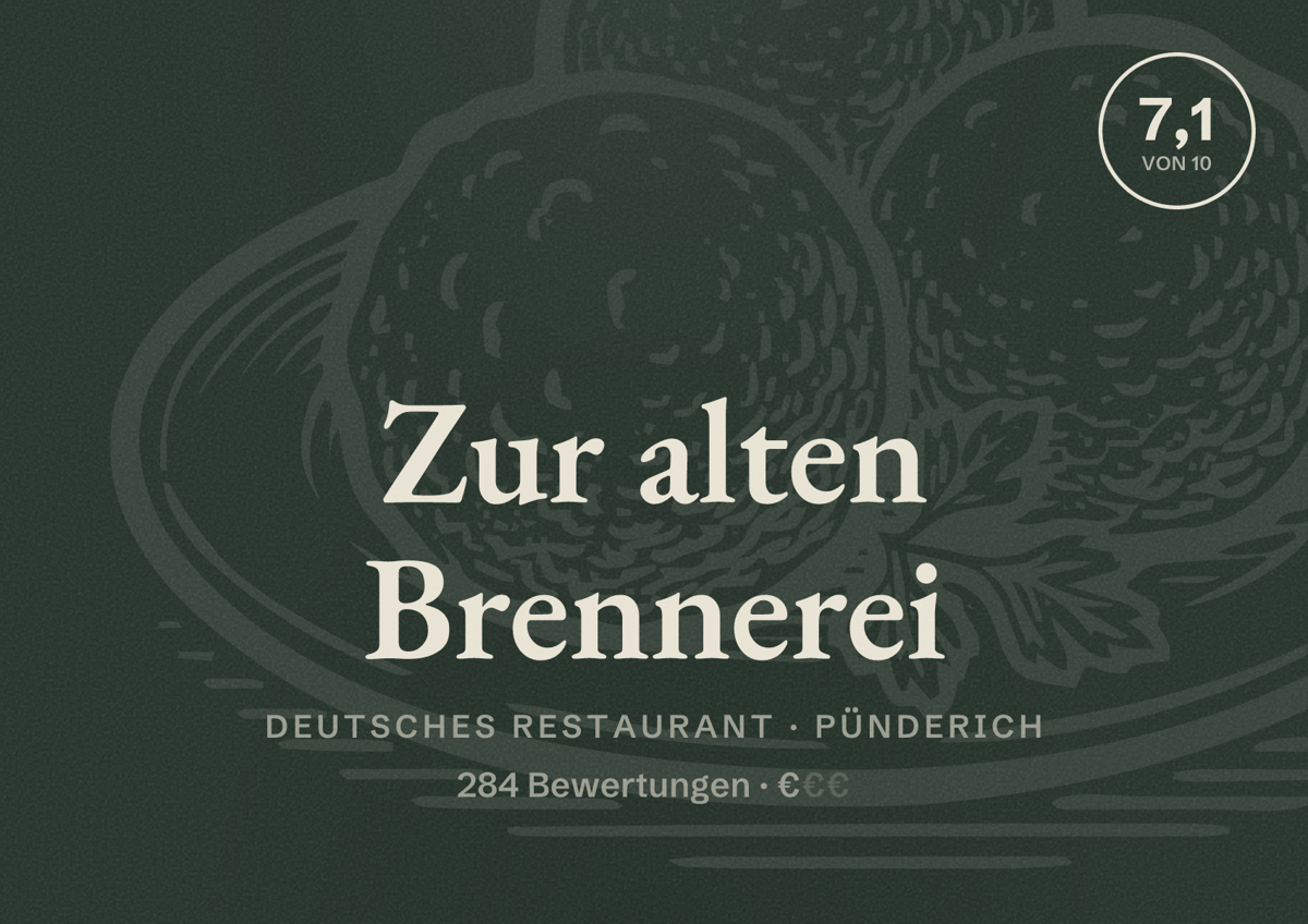 Illustriertes Poster von Zur alten Brennerei, Deutsches Restaurant in Pünderich: Bewertung 7,1 von 10 aus 284 Bewertungen, Preisniveau €