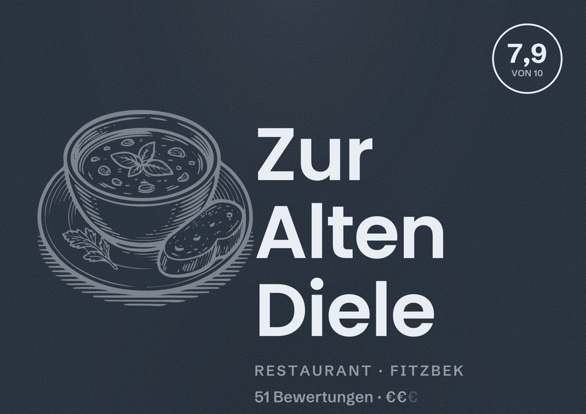 Illustriertes Poster von Zur Alten Diele, Restaurant in Fitzbek: Bewertung 7,9 von 10 aus 51 Bewertungen, Preisniveau €€