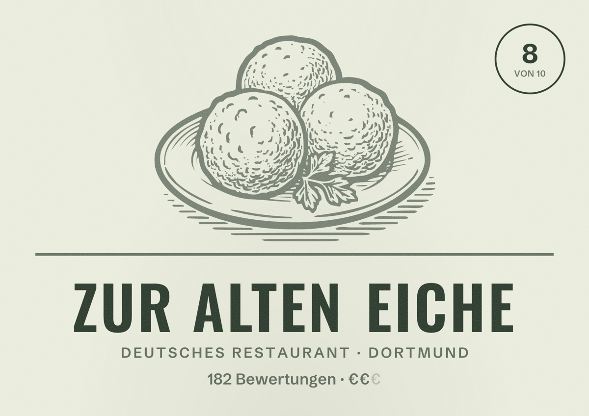 Illustriertes Poster von zur Alten Eiche, Deutsches Restaurant in Dortmund: Gästebewertung 8,0 von 10 aus 182 Bewertungen