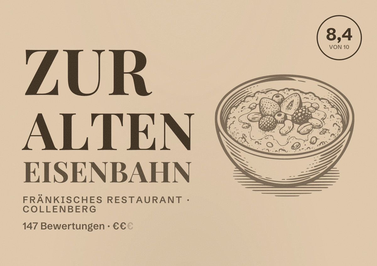 Illustriertes Poster von Zur Alten Eisenbahn, Fränkisches Restaurant in Collenberg: Bewertung 8,4 von 10 aus 147 Bewertungen, Preisniveau €€