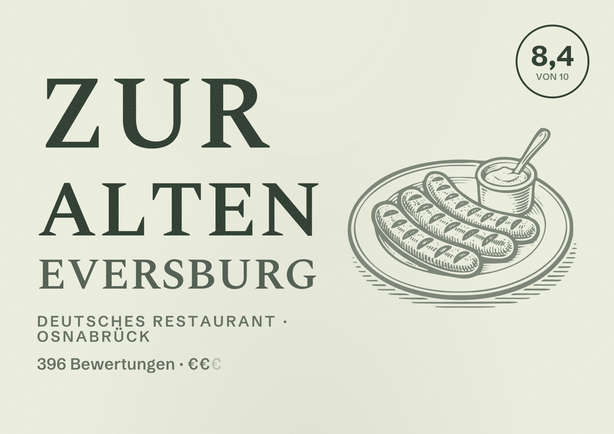 Illustriertes Poster von Zur alten Eversburg, Deutsches Restaurant in Osnabrück: Bewertung 8,4 von 10 aus 396 Bewertungen, Preisniveau €€