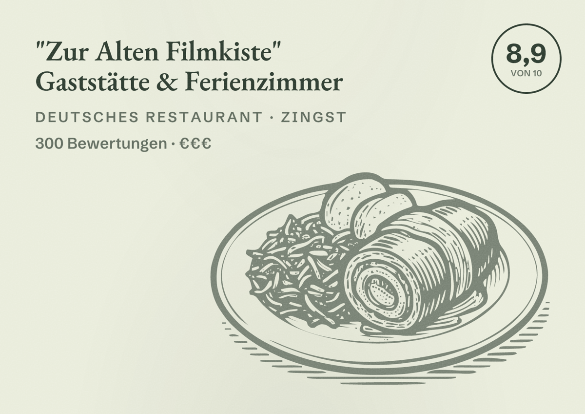 Illustriertes Poster von "Zur Alten Filmkiste" Gaststätte & Ferienzimmer, Deutsches Restaurant in Zingst: Bewertung 8,9 von 10 aus 300 Bewertungen, Preisniveau €€€