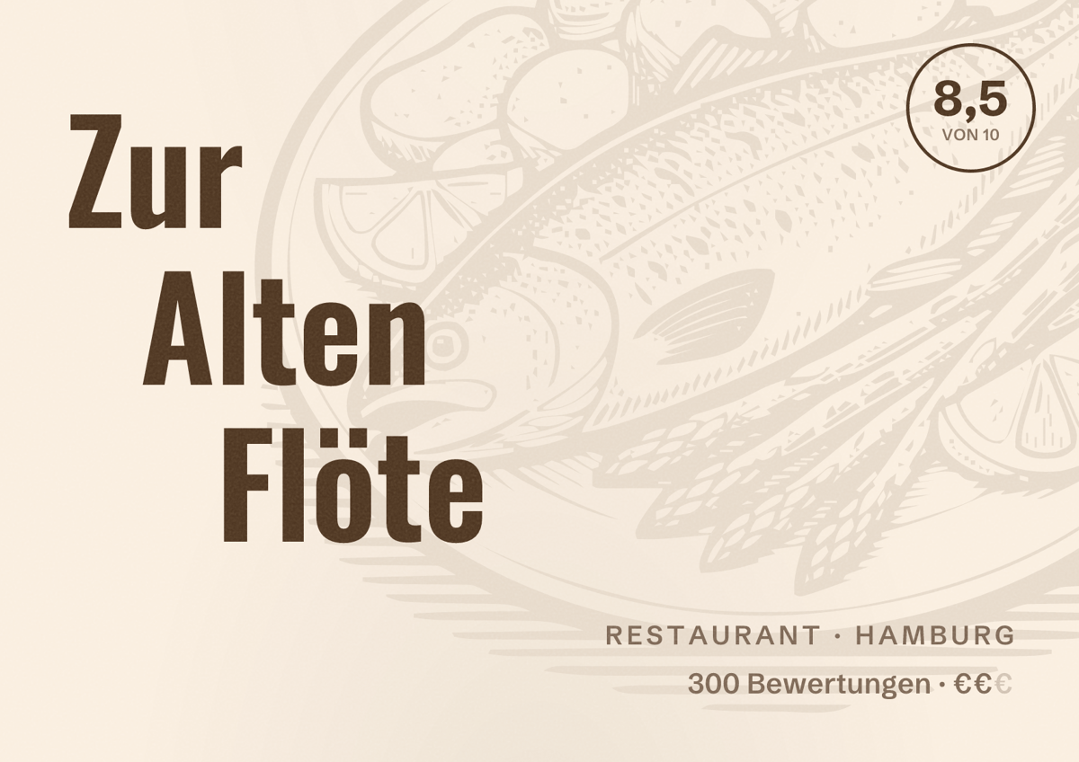 Illustriertes Poster von Zur Alten Flöte, Restaurant in Hamburg: Bewertung 8,5 von 10 aus 300 Bewertungen, Preisniveau €€