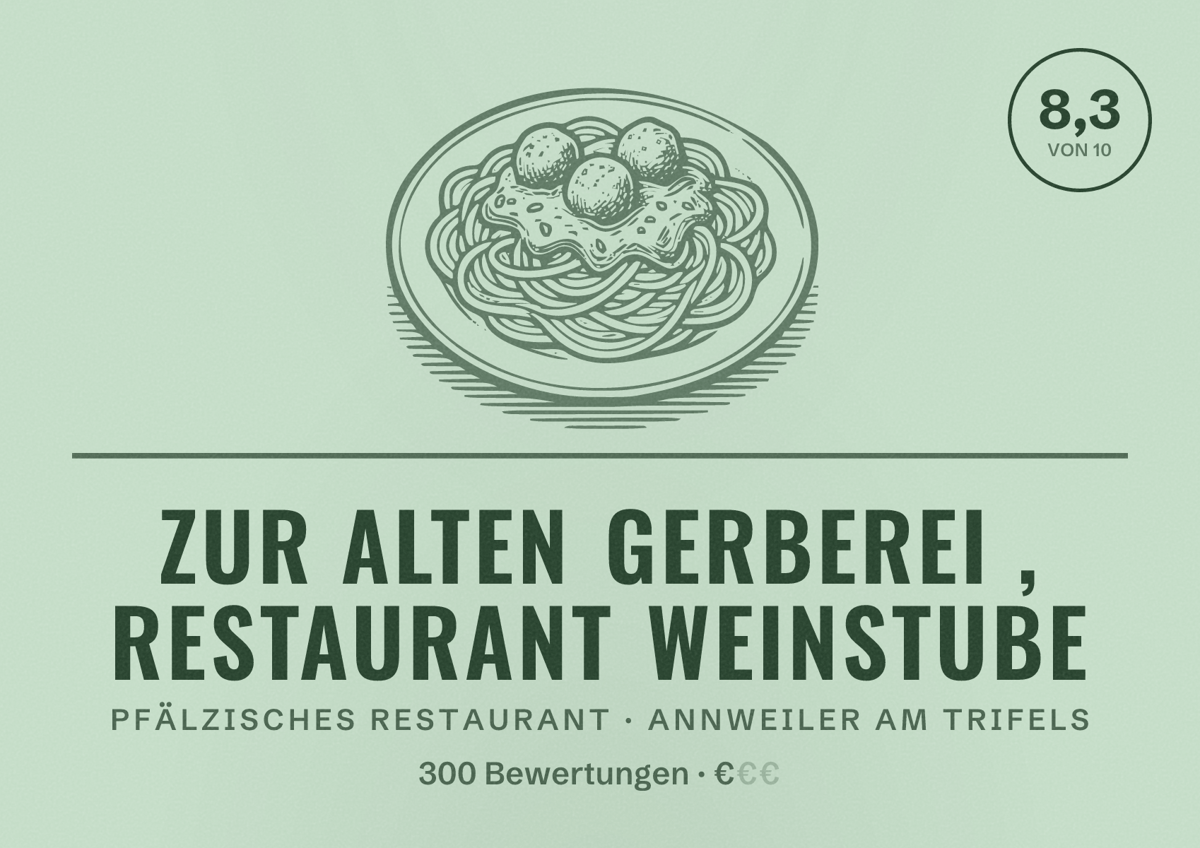 Illustriertes Poster von Zur Alten Gerberei , Restaurant Weinstube, Pfälzisches Restaurant in Annweiler am Trifels: Bewertung 8,3 von 10 aus 300 Bewertungen, Preisniveau €