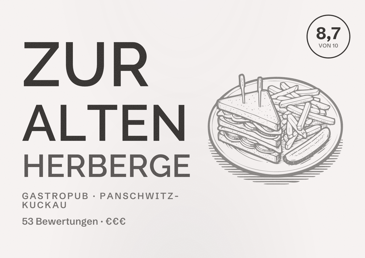 Illustriertes Poster von Zur Alten Herberge, Gastropub in Panschwitz-Kuckau: Bewertung 8,7 von 10 aus 53 Bewertungen, Preisniveau €€€