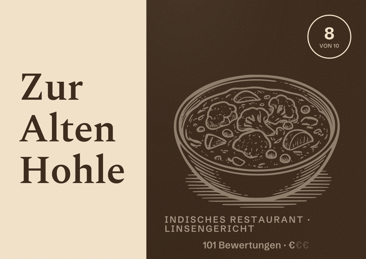Illustriertes Poster von Zur Alten Hohle, Indisches Restaurant in Linsengericht: Bewertung 8 von 10 aus 101 Bewertungen, Preisniveau €