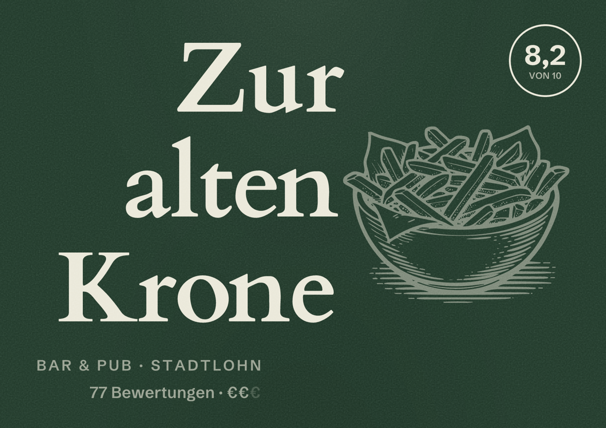 Illustriertes Poster von Zur alten Krone, Bar & Pub in Stadtlohn: Bewertung 8,2 von 10 aus 77 Bewertungen, Preisniveau €€