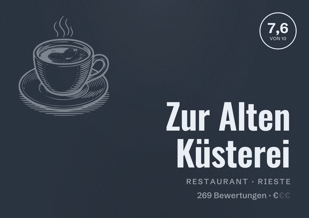 Illustriertes Poster von Zur Alten Küsterei, Restaurant in Rieste: Bewertung 7,6 von 10 aus 269 Bewertungen, Preisniveau €