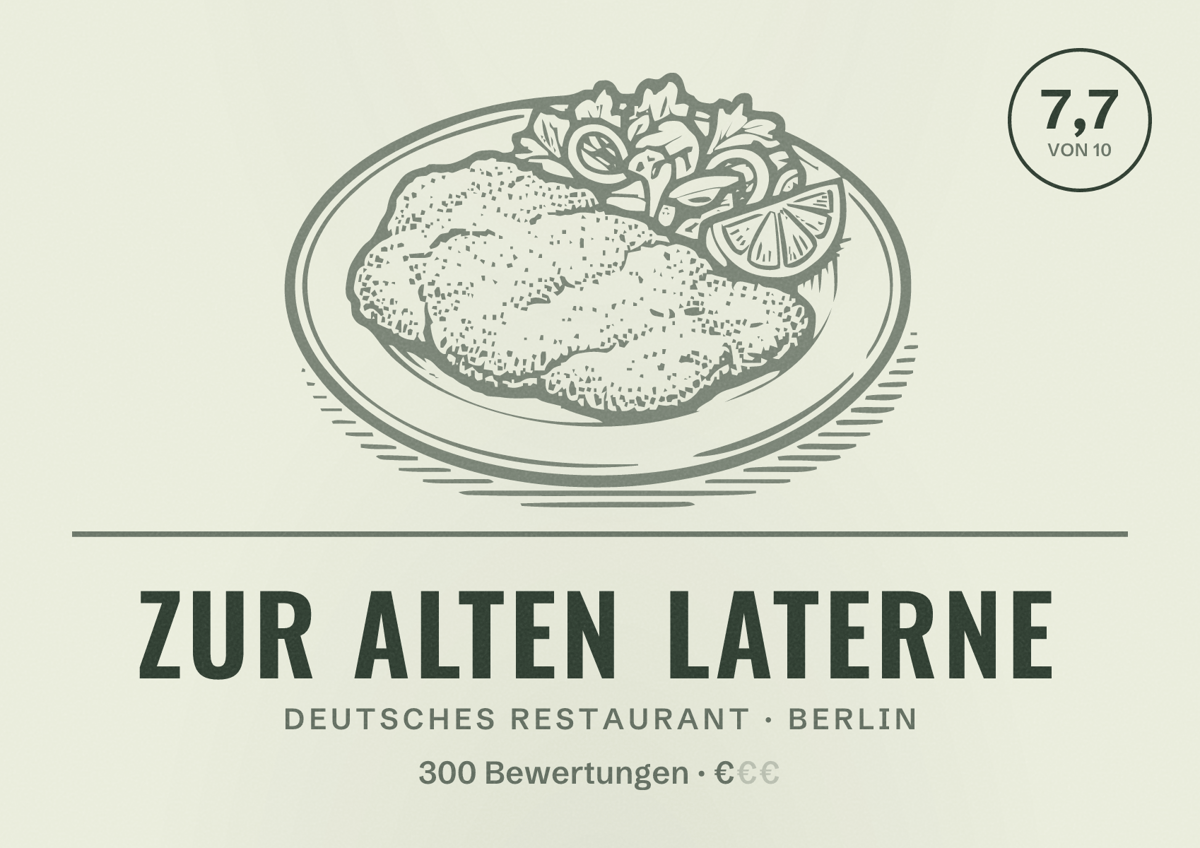 Illustriertes Poster von Zur Alten Laterne, Deutsches Restaurant in Berlin: Bewertung 7,7 von 10 aus 300 Bewertungen, Preisniveau €