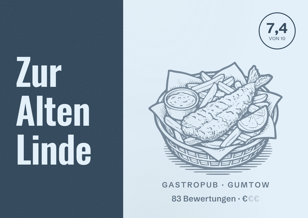 Illustriertes Poster von Zur Alten Linde, Gastropub in Gumtow: Bewertung 7,4 von 10 aus 83 Bewertungen, Preisniveau €