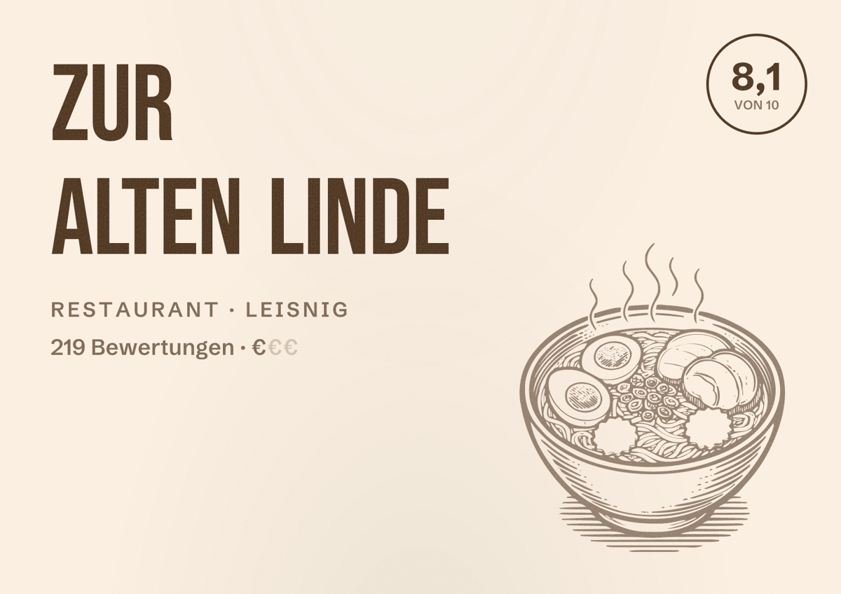 Illustriertes Poster von Zur alten Linde, Restaurant in Leisnig: Bewertung 8,1 von 10 aus 219 Bewertungen, Preisniveau €