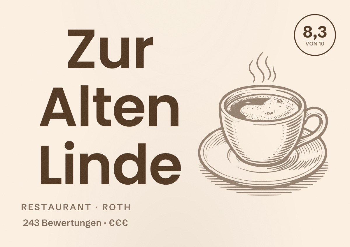 Illustriertes Poster von Zur Alten Linde, Restaurant in Roth: Bewertung 8,3 von 10 aus 243 Bewertungen, Preisniveau €€€