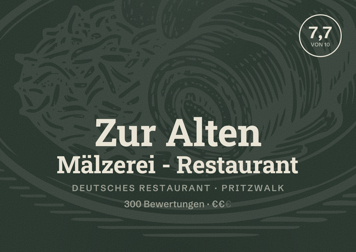 Illustriertes Poster von Zur Alten Mälzerei - Restaurant, Deutsches Restaurant in Pritzwalk: Bewertung 7,7 von 10 aus 300 Bewertungen, Preisniveau €€
