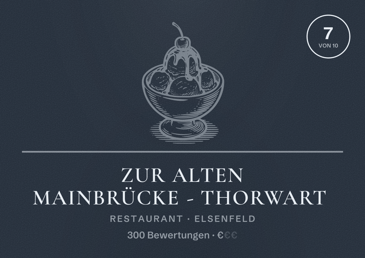 Illustriertes Poster von Zur Alten Mainbrücke - Thorwart, Restaurant in Elsenfeld: Bewertung 7 von 10 aus 300 Bewertungen, Preisniveau €