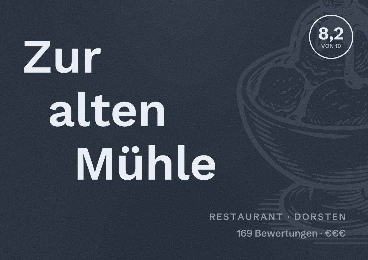 Illustriertes Poster von Zur alten Mühle, Restaurant in Dorsten: Bewertung 8,2 von 10 aus 169 Bewertungen, Preisniveau €€€