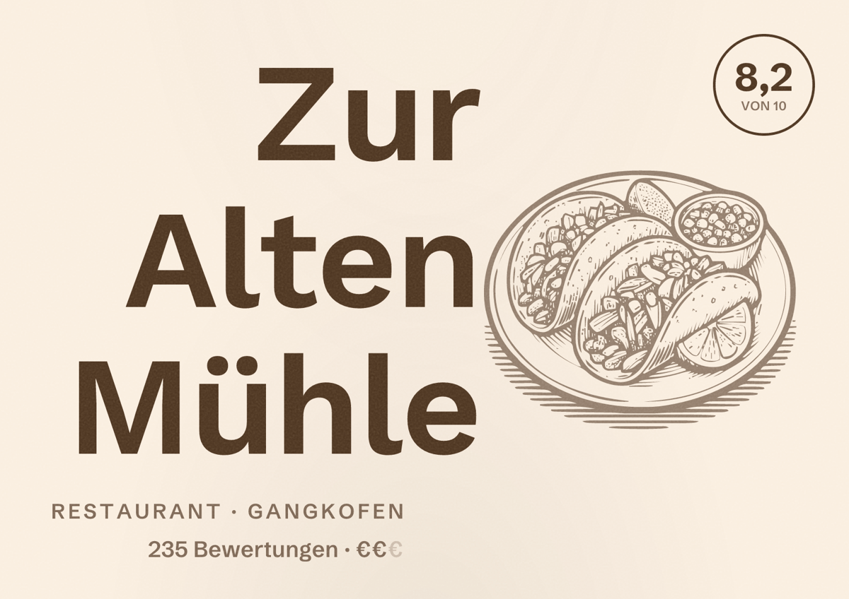 Illustriertes Poster von Zur Alten Mühle, Restaurant in Gangkofen: Bewertung 8,2 von 10 aus 235 Bewertungen, Preisniveau €€