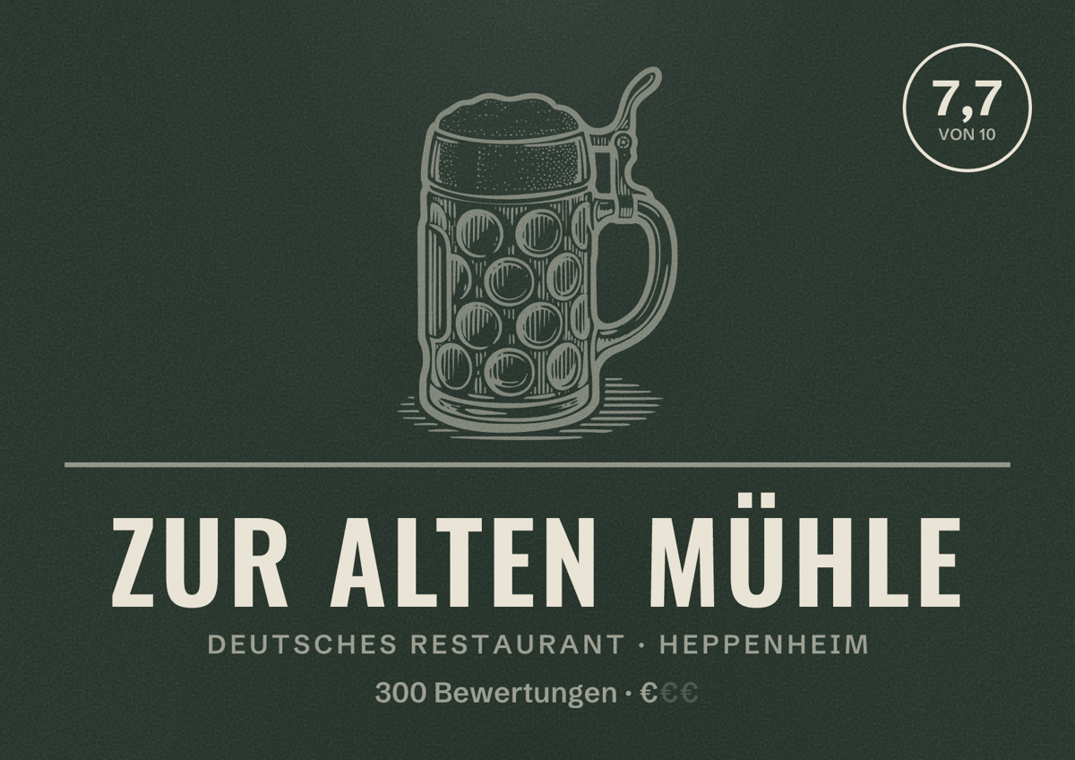 Illustriertes Poster von Zur Alten Mühle, Deutsches Restaurant in Heppenheim: Bewertung 7,7 von 10 aus 300 Bewertungen, Preisniveau €