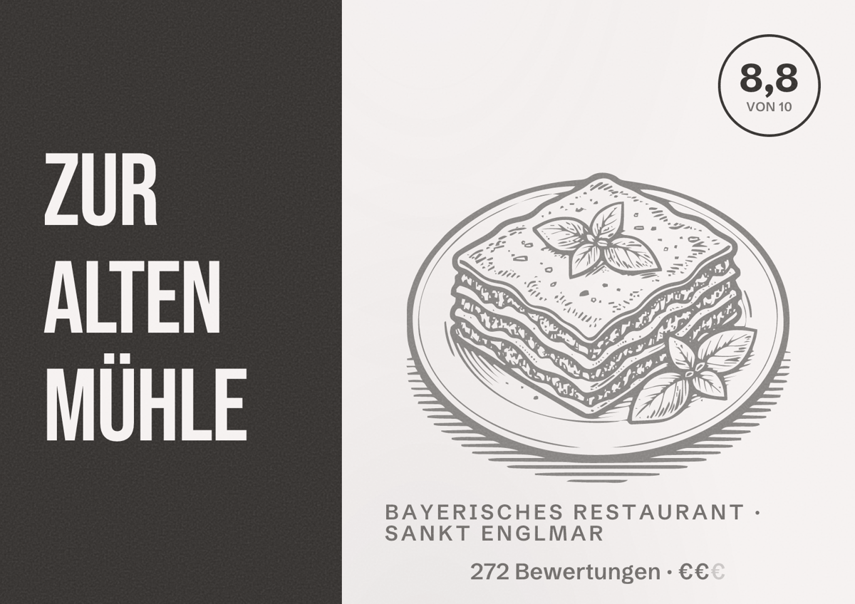 Illustriertes Poster von Zur Alten Mühle, Bayerisches Restaurant in Sankt Englmar: Bewertung 8,8 von 10 aus 272 Bewertungen, Preisniveau €€