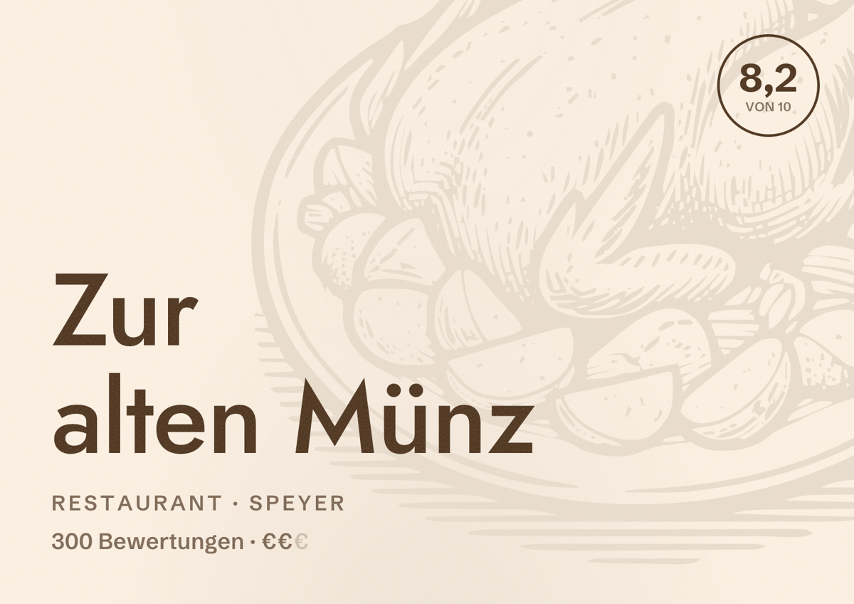 Illustriertes Poster von Zur alten Münz, Restaurant in Speyer: Bewertung 8,2 von 10 aus 300 Bewertungen, Preisniveau €€