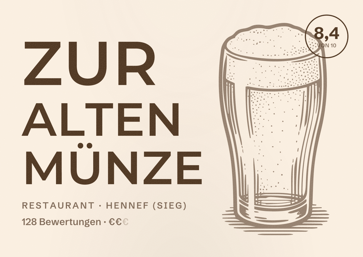 Illustriertes Poster von Zur Alten Münze, Restaurant in Hennef (Sieg): Bewertung 8,4 von 10 aus 128 Bewertungen, Preisniveau €€