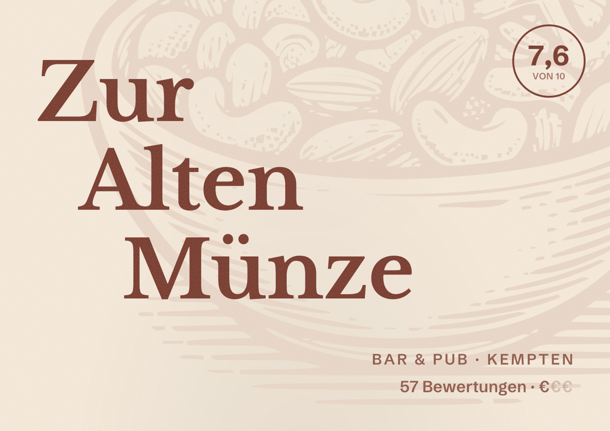 Illustriertes Poster von Zur Alten Münze, Bar & Pub in Kempten: Bewertung 7,6 von 10 aus 57 Bewertungen, Preisniveau €
