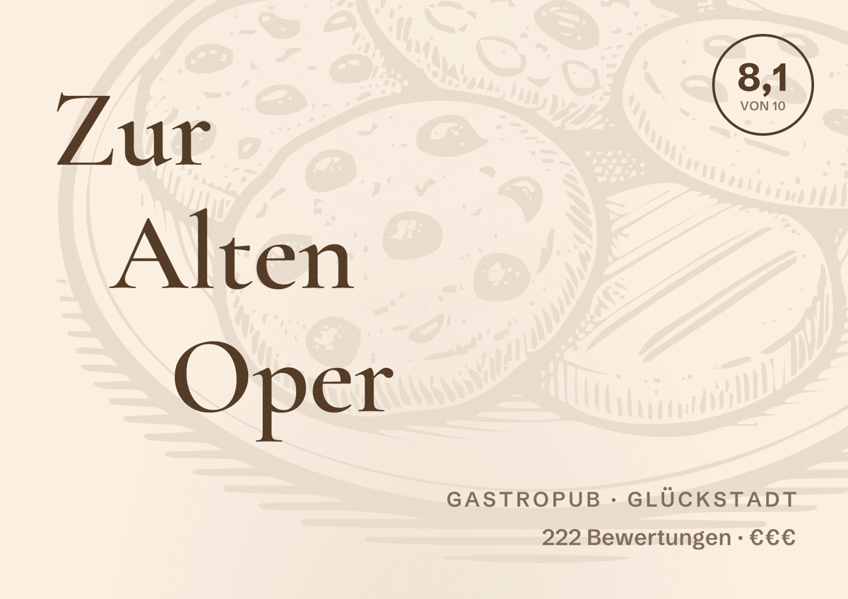 Illustriertes Poster von Zur Alten Oper, Gastropub in Glückstadt: Bewertung 8,1 von 10 aus 222 Bewertungen, Preisniveau €€€